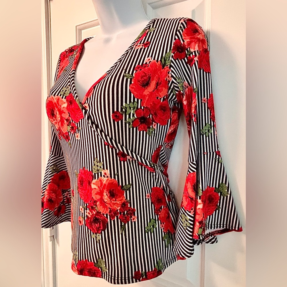 Red Floral White & Black Striped Bell Sleeve Blouse